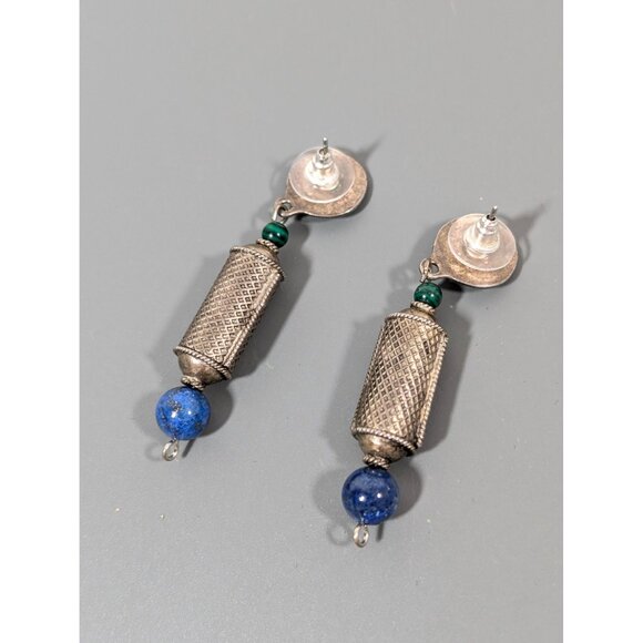 Vintage Celtic Knot Blue Green Stone Long Dangle Earrings Silver Tone - Picture 5 of 7